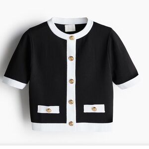 H&M Short Sleeved Black White Cardigan Sweater Gold Buttons Size XL